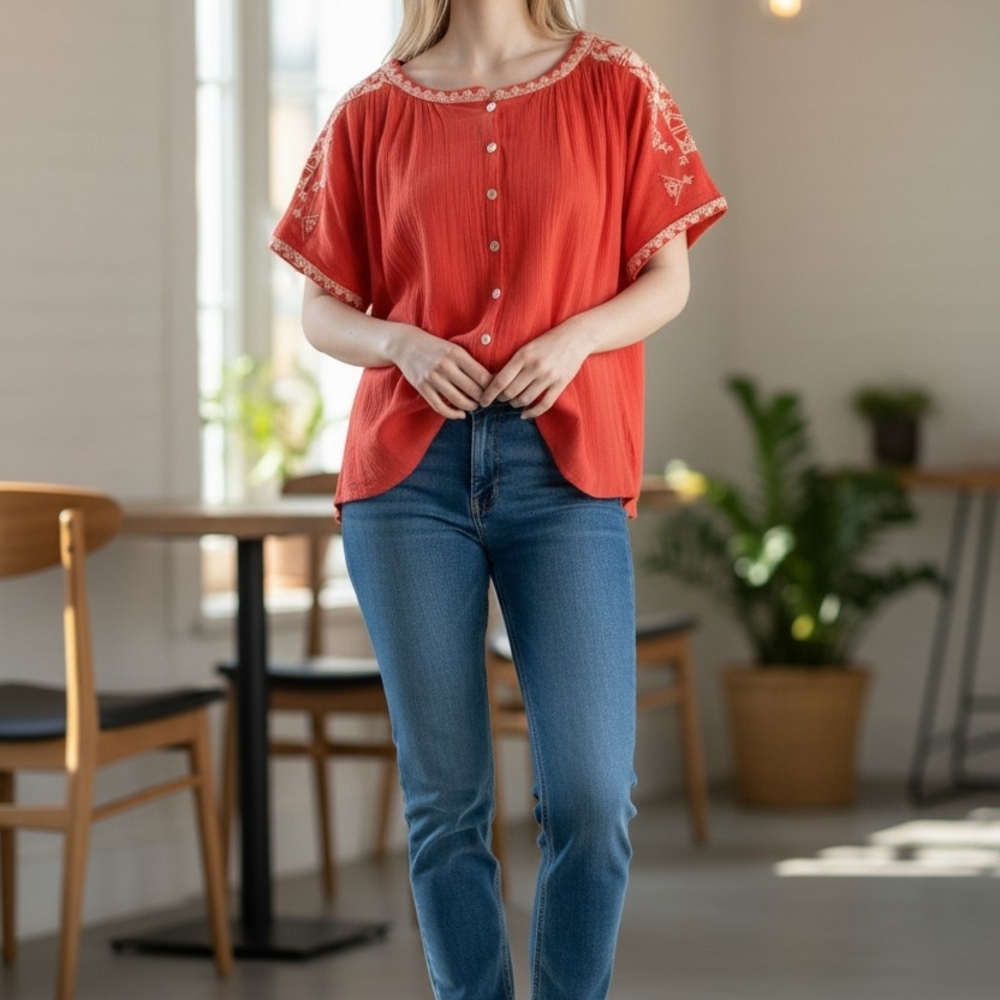 Sundance Rust Embroidered Button Front Cuff Sleeve Boho Peasant Blouse Sz Small